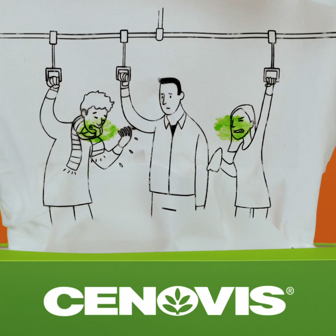 Illustration of people standing on a train. Two people are coughing and have green smudges over their faces to indicate sickness. The person in the middle looks worried. A big green Cenovis brand logo is at the bottom.