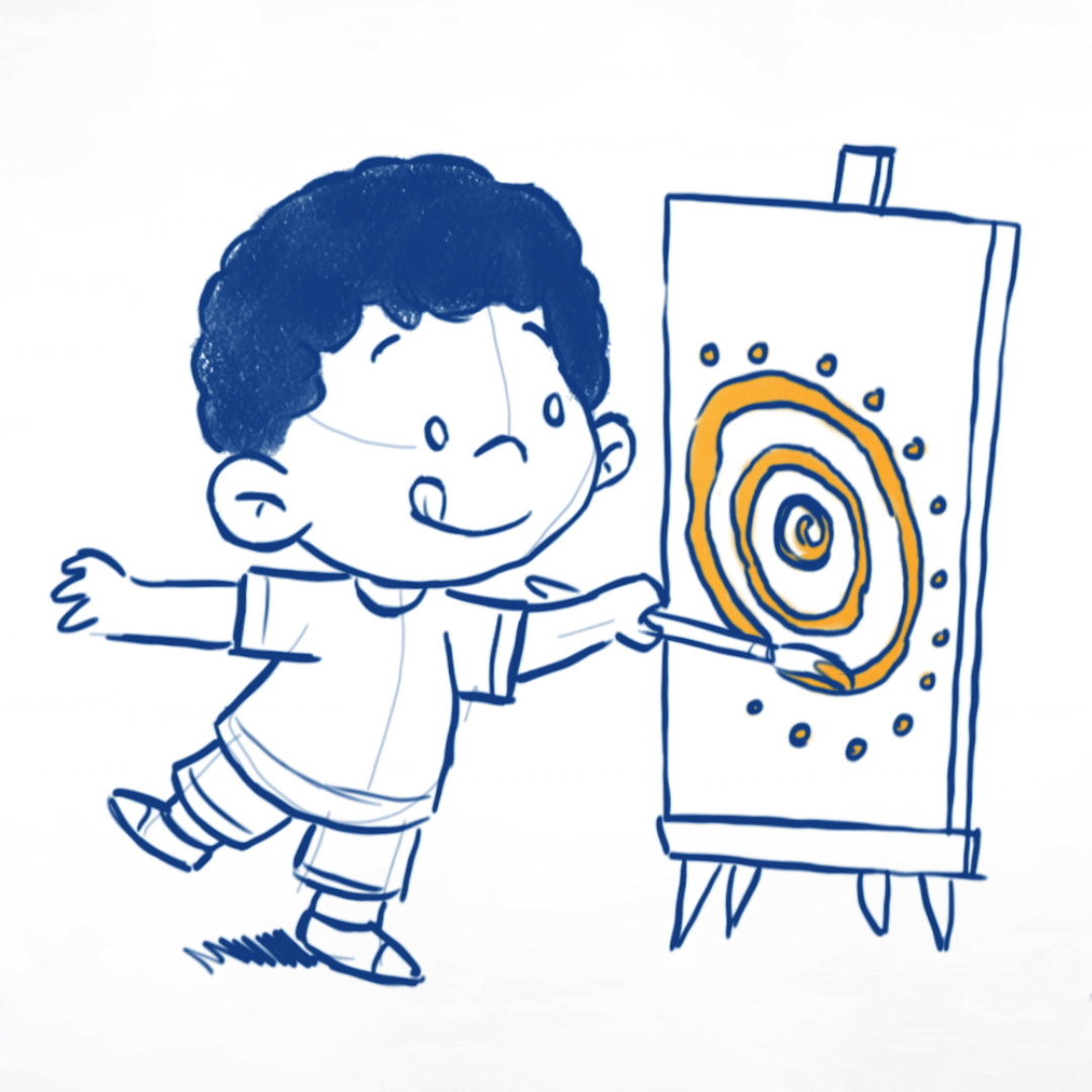 An illustration of a dark haired child painting on an easel. They are paining concentric circles and dots in yellow.