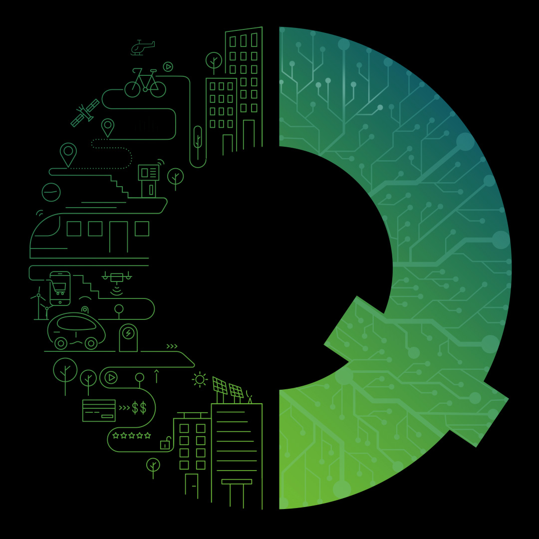 A big green letter Q. The left half is made up of line drawings showing different forms or transport. The right half is made up of branching lines.