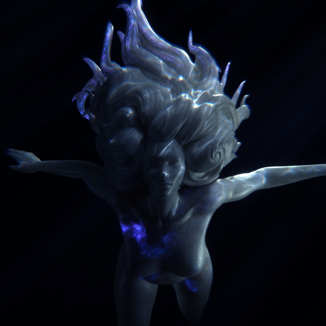 An image of a digitally sculpted mermaid. She looks like she is made of marble and electric blue caustics over her skin.